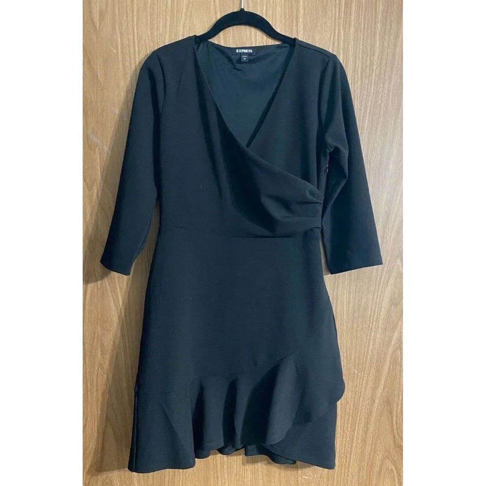 Express Black V-Neck Wrap Ruffle Dress - Picture 1 of 3